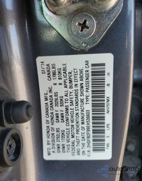 2014 Honda Civic Exl из США, поврежденный, VIN 2HGFB2F99EH536603